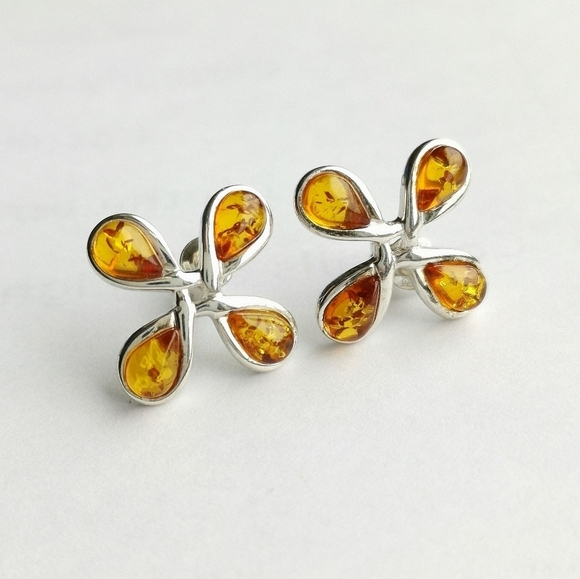 New, sterling silver amber modern flower stud earrings - Picture 1 of 6